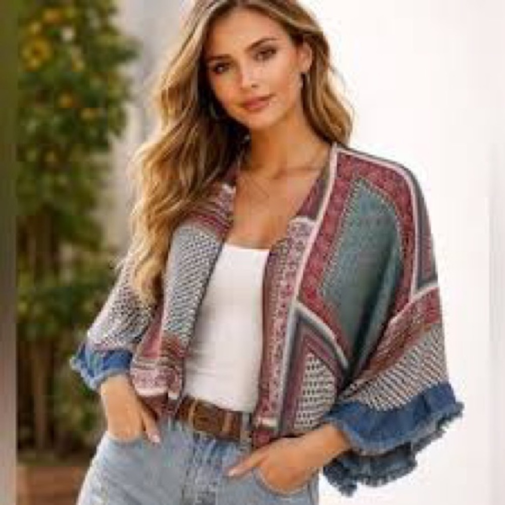 Zara Basic Bohemian Multicolor Kimono Jacket with Denim sleeve accent small - Picture 1 of 6